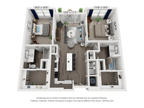 A floor plan of a small apartment with a living room, kitchen, and two bedrooms.